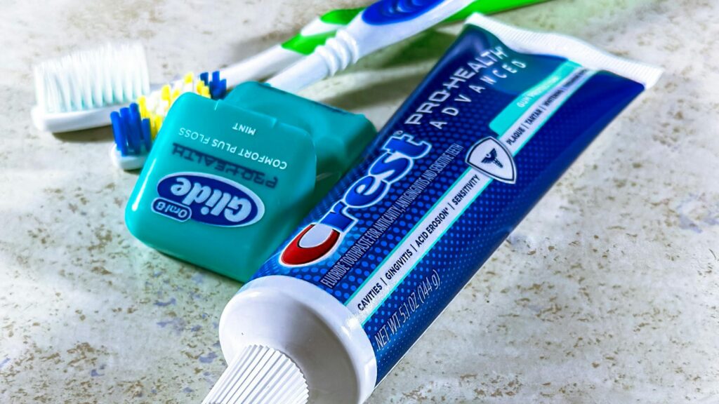 Toothpaste, floss, and toothbrush